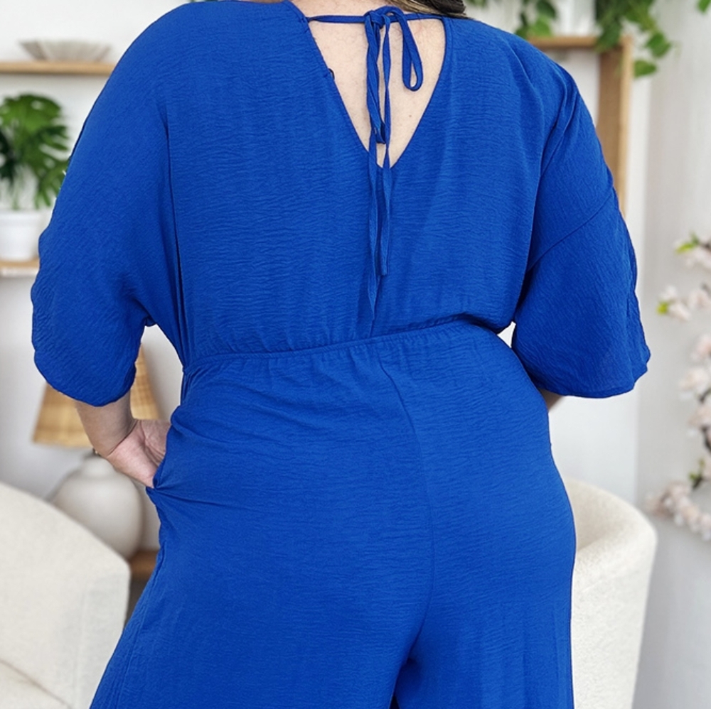 Blue Wide-Leg Surplice Jumpsuit - Picture 2 of 15